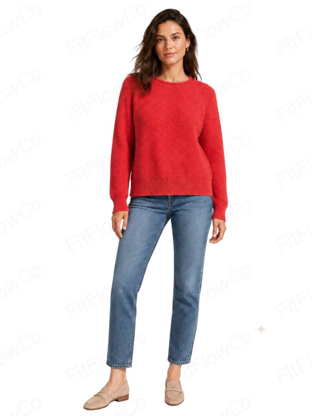Lauren Ralph Lauren Red Textured Cotton Knit Sweater Size L Rolled Crewneck